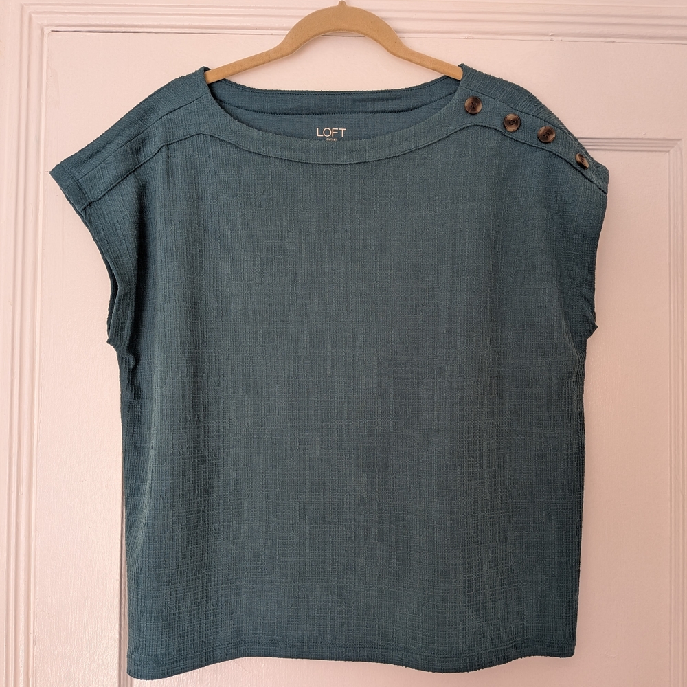 LOFT Women's Bluish Green Textured Button-Shoulder Short Sleeve Top Large NWT